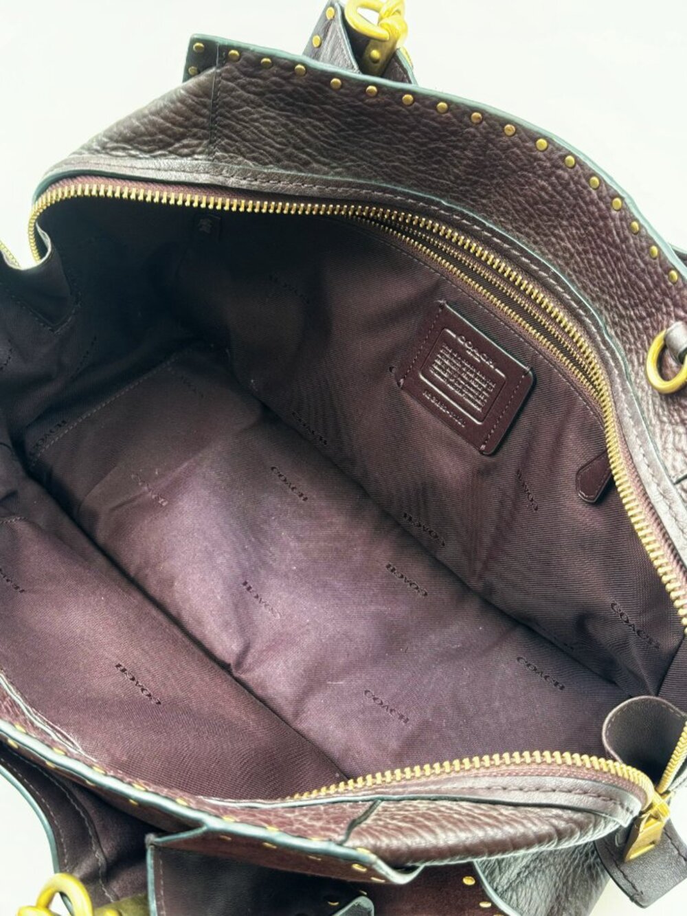 Coach Dark Brown Leather Studded Satchel with Gold Hardware - Picture 13 of 14